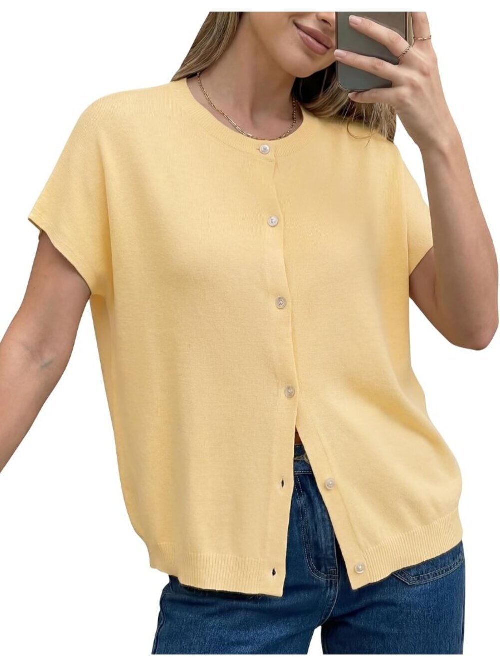 Women's Yellow Short Sleeve Wool Blend Oversized Imported Casual Sweater Top